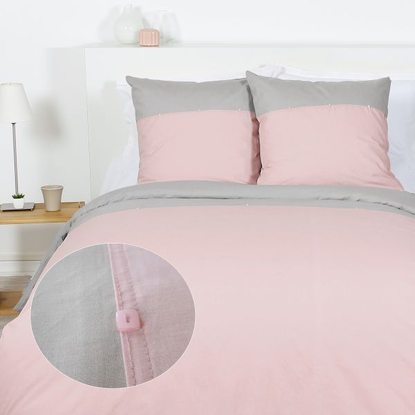 Housse de couette Coton Nacre Rose/Gris et taie d'oreiller