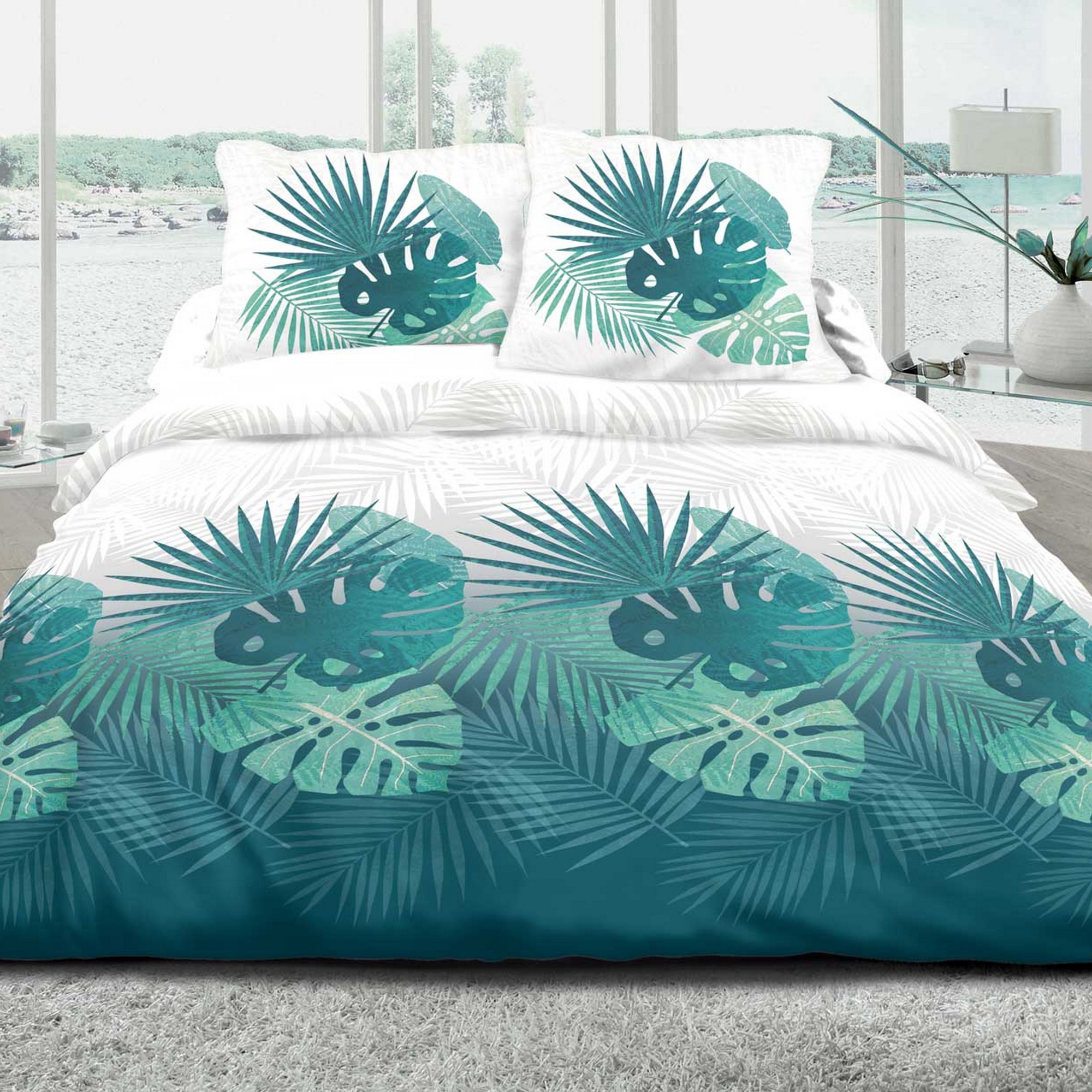Parure De Lit 200x200 Cm Microfibre Brossée - Housse De Couette + 2 Taies, Motif Tropical, Toutes Saisons, Bleu Marine