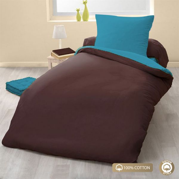 Parure de couette 140x200 100% Coton 57 fils Choco/Turquoise