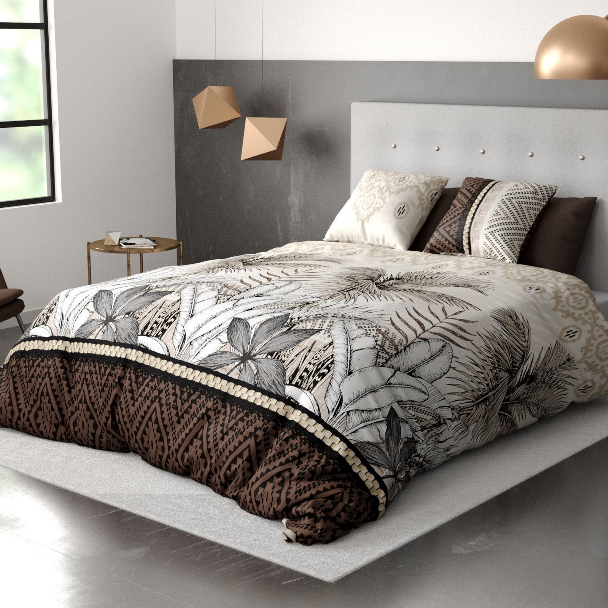 Parure De Lit 3 Pieces 220x240 Cm 100 Coton 57 Fils Jungle Taupe Pas Cher
