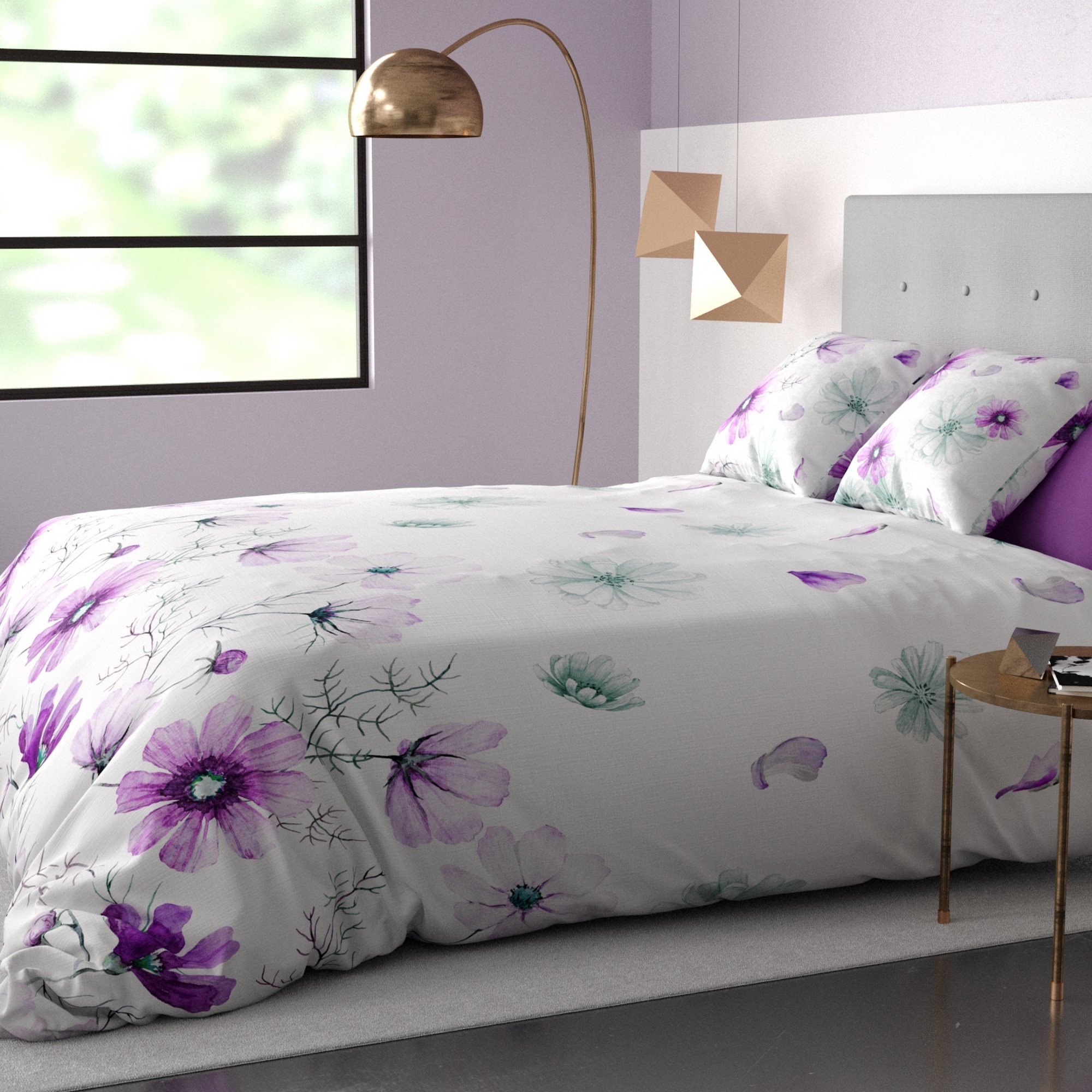 Parure Housse De Couette Coton Fleuri Mauve I241