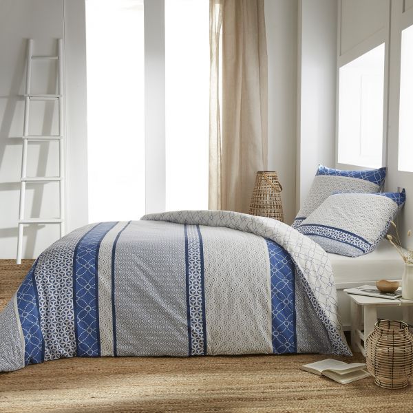 Housse de couette et taie d'oreiller 100% coton Taho Bleu