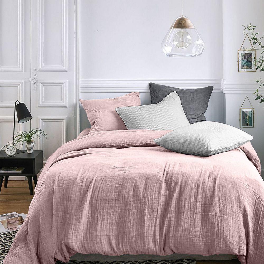 Housse de couette et taie d'oreiller 100% Gaze de Coton Rose - Housse