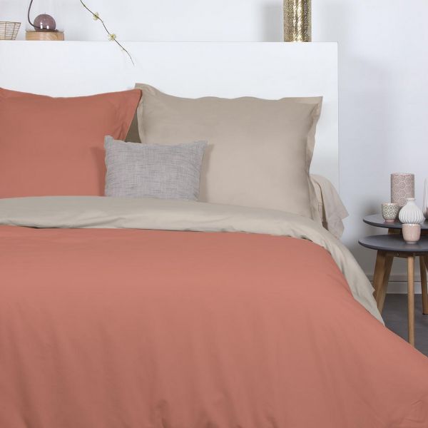 Housse de couette 220x240 cm + 2x taies d'oreiller 63x63 cm Percale de Coton Beige Rose