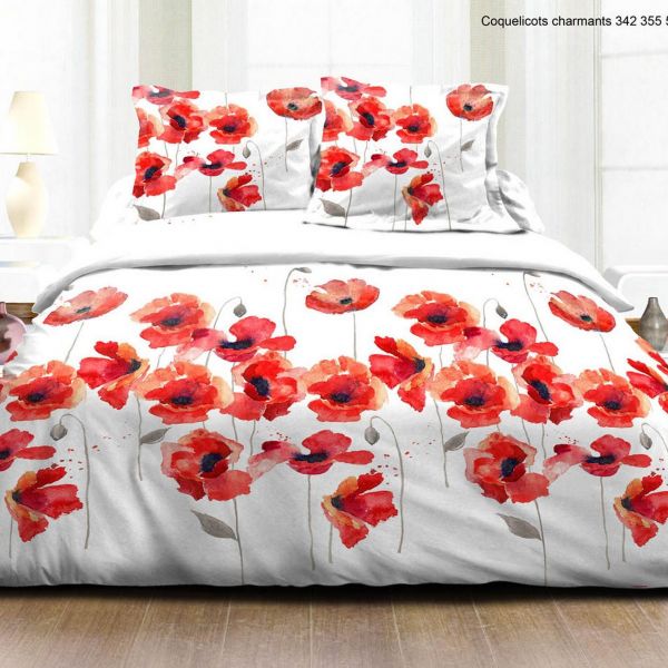 Housse de couette 220x240 + 2 taies d'oreiller 63x63 cm Coton Coquelicot