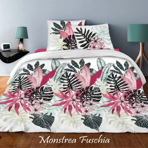 Housse de couette 220x240 cm + 2 taies d'oreiller 63x63 cm Coton Monstera Fuschia