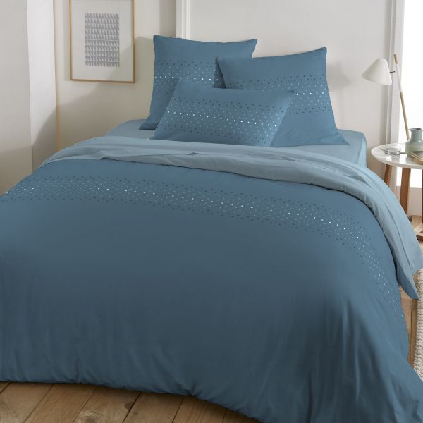 Housse de couette Reversible 220x240 cm + 2 taies d'oreiller 63x63 cm 100% Coton 57 fils Amsy Bleu