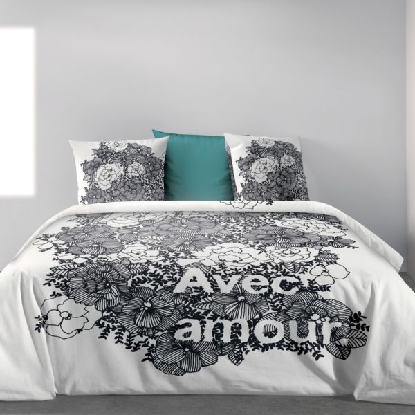 Housse de couette 220x240 cm + 2 taies d'oreiller 100% Coton Bio 47 fils Avec Amour