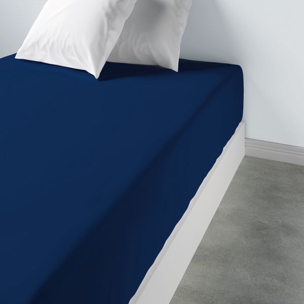 Drap housse 160x200 +35 cm 100% Coton 57 fils Bleu Impérial