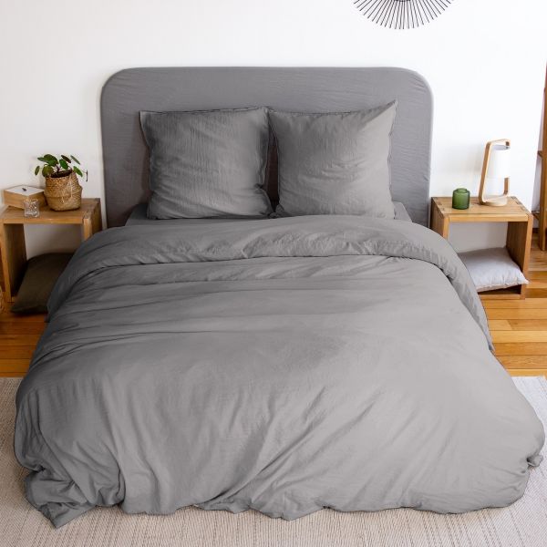 Housse de couette 240x260 cm + taies d'oreiller, microfibre lavé, Gris Foncé