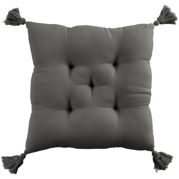 Coussin de chaise 40x40 cm Gaze de coton avec pompons Granit