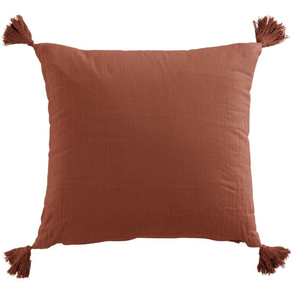 Coussin carré 40x40 cm Gaze de coton avec pompons Terracotta