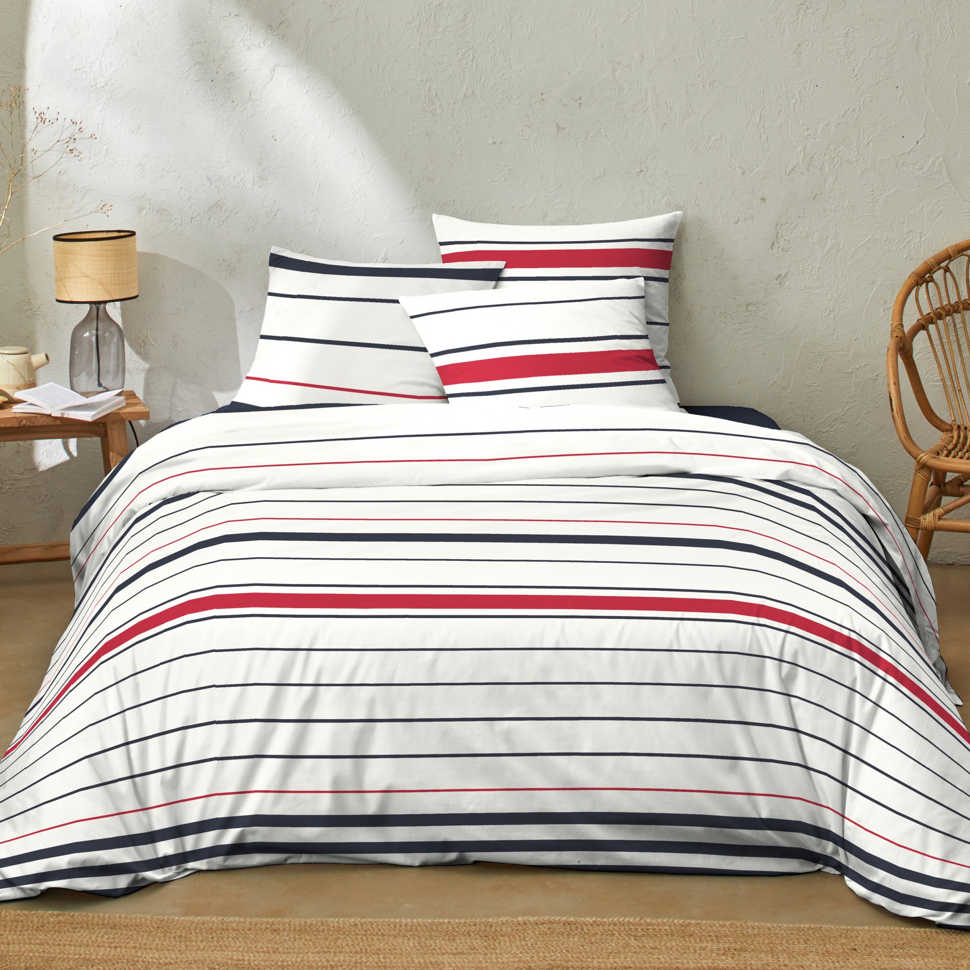 Home Linge Passion Housse De Couette 220x240 + 2 Taies 63x63 – 100% Coton 57 Fils, Bellamy Blanc Bleu