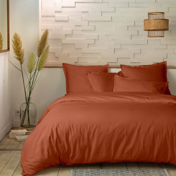 Housse de couette 240x260 cm + 2 taies 100% Percale de Coton 80 fils Terracotta