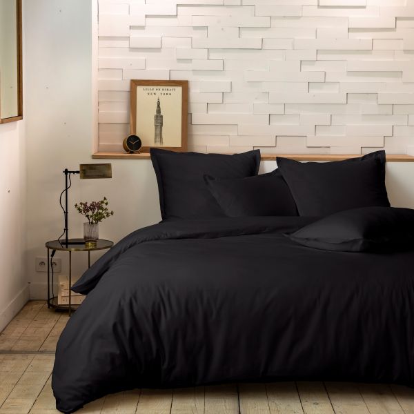 Housse de couette 240x260 cm + 2 taies 100% Percale de Coton 80 fils Noir