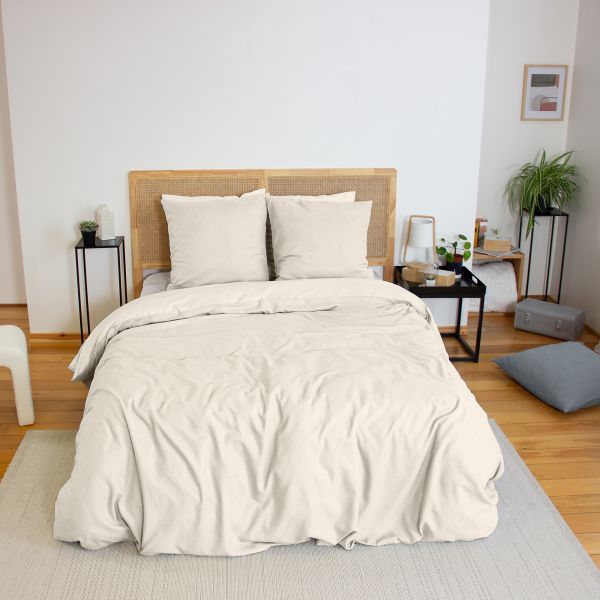Parure de lit 220x240 cm Microfibre effet flanelle Crème
