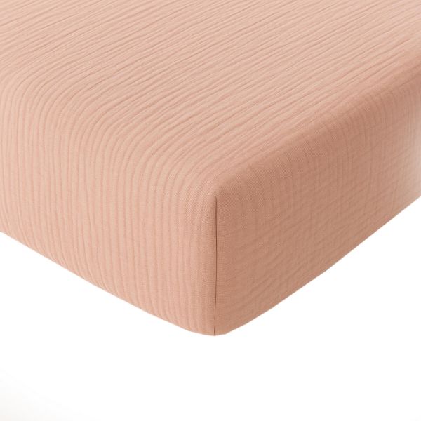 Drap housse 140x190 cm Gaze de Coton Lavé Rose Lotus