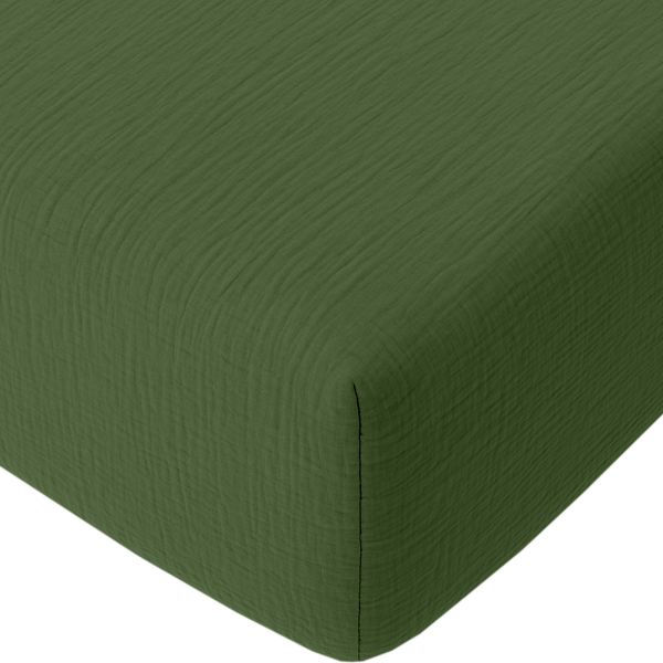 Drap housse 160x200 cm Gaze de Coton Lavé Vert Cèdre