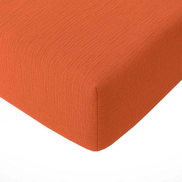 Drap housse 140x190 cm Gaze de Coton Lavé Safran Minéral