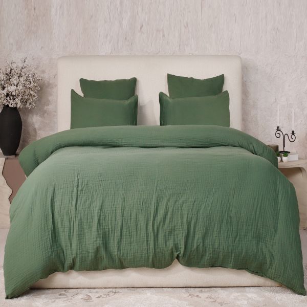 Parure de lit 220x240 cm Gaze de Coton Lavé Vert Cèdre