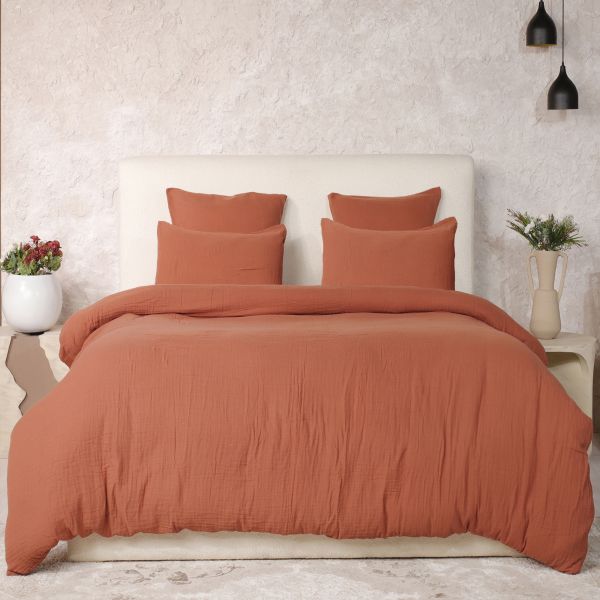 Parure de lit 220x240 cm Gaze de Coton Lavé Safran Minéral