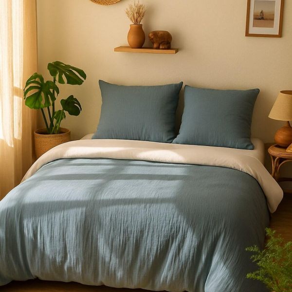 Parure de lit 240x260 cm Gaze de Microfibre Bleu Pétrole – Blanc