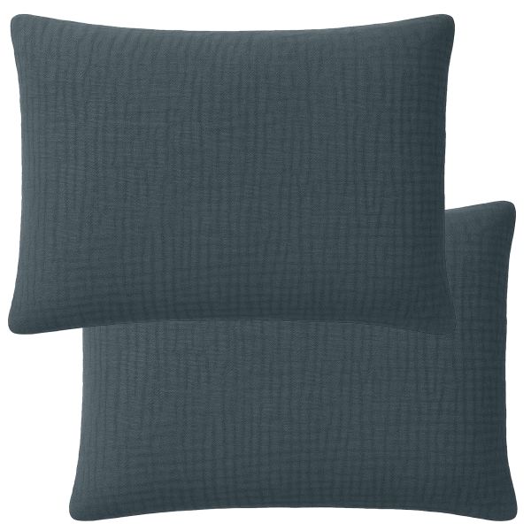 Lot 2 taies d'oreiller 50x70 cm Gaze de Coton Lavé Bleu Pétrole