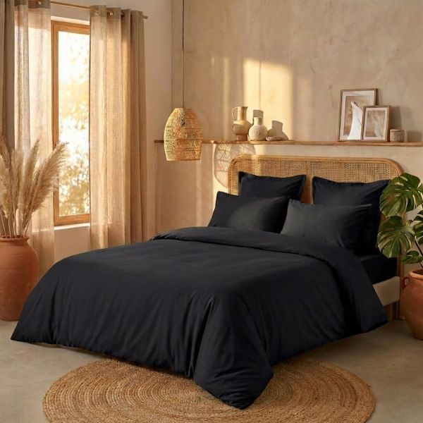 Housse de couette 220x240 cm + 2 taies 100% Percale de Coton 80 fils Noir