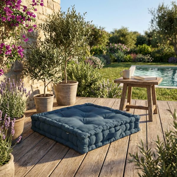 Coussin de sol 50x50 cm Coton Dahlia Bleu Jean