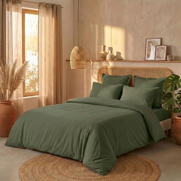 Parure de lit 220x240 cm Percale de Coton Vert Kaki