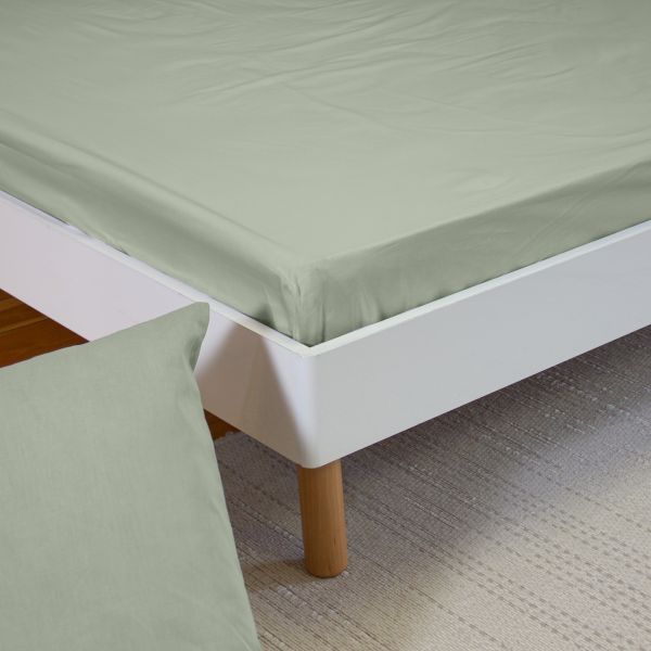 Drap Housse 160x200+30 cm Percale de Coton Vert Sauge