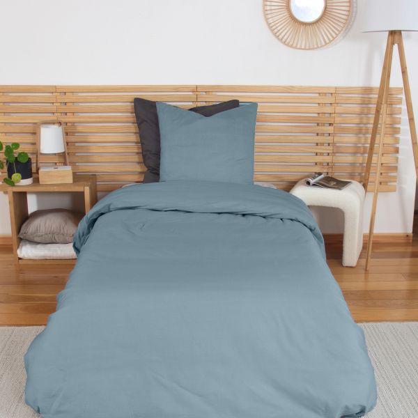 Parure de lit 140x200 cm Percale de Coton Bleu Fumé