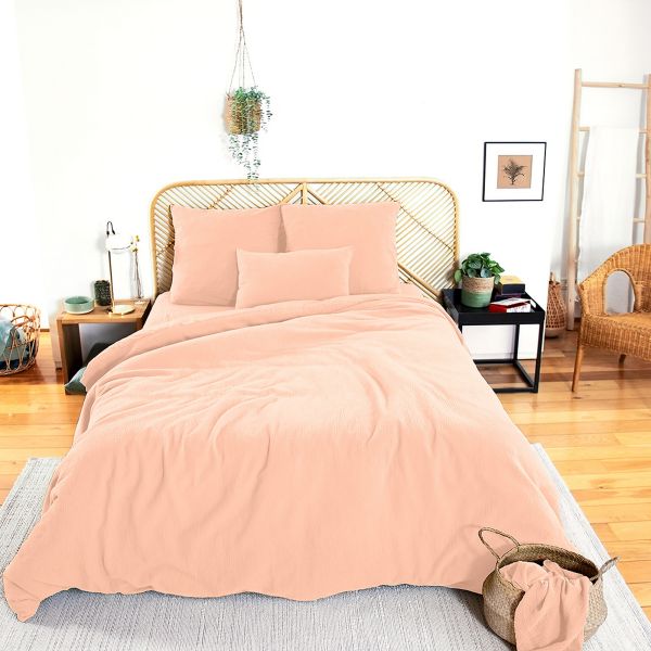 Parure de lit 220x240 cm Gaze de Coton - Coton 57 fils Rose Pêche