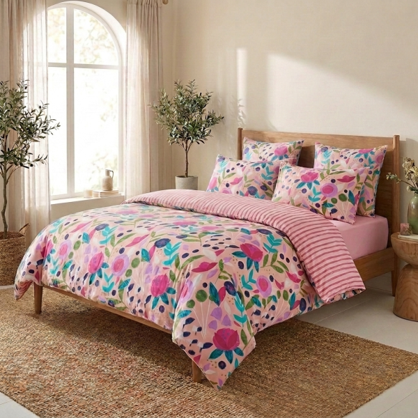 Parure de lit 220x240 cm Percale de Coton Floral Collage Rose - KATE MERRITT